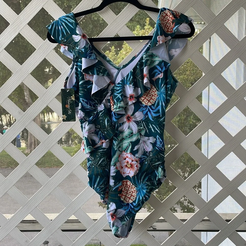 Blooming Jelly V-Neck Ruffle Trim Tummy Slimming Swimsuit - Picture 4 of 13